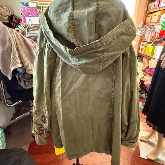 Free People “So Down” Military Olive Utility Jacket with Burgundy Details